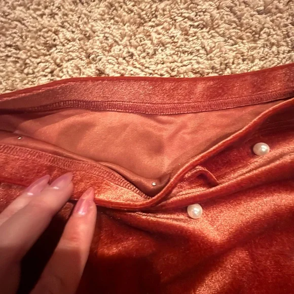 Rust colored Velvet Mini Skirt with Pearl Details - Picture 5 of 6